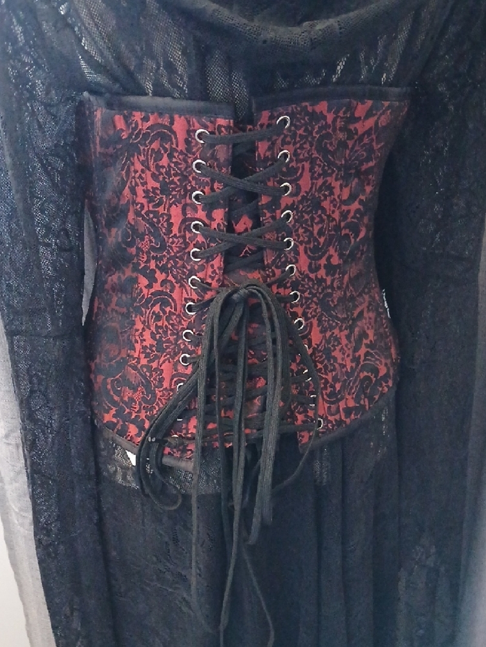 AUTHENTIC Red and Black Floral Brocade Underbust Corset - Picture 2 of 8